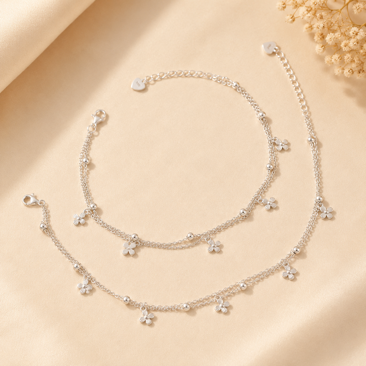 Floral Charm Silver Anklets