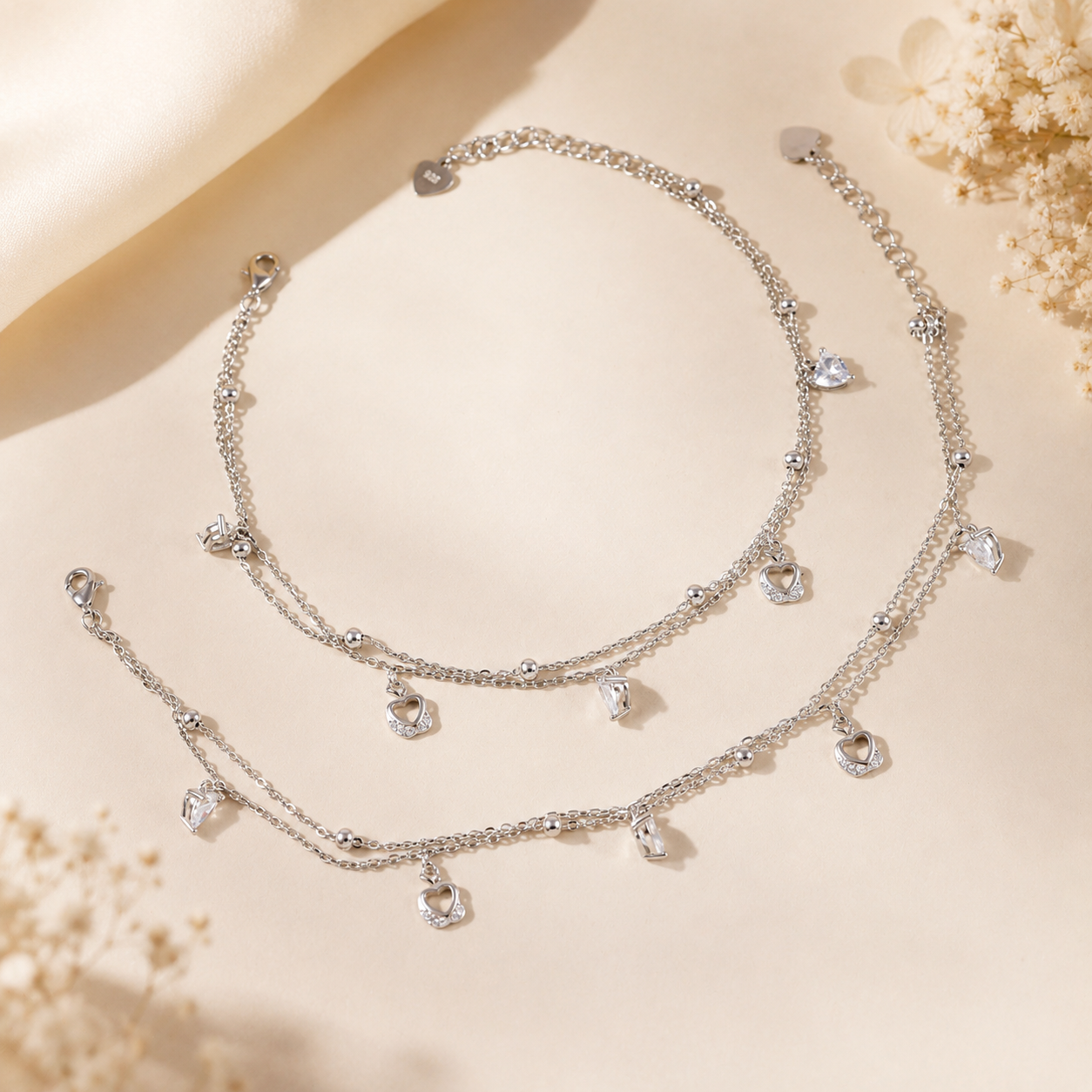 Heart & Crystal Charm Silver Anklets