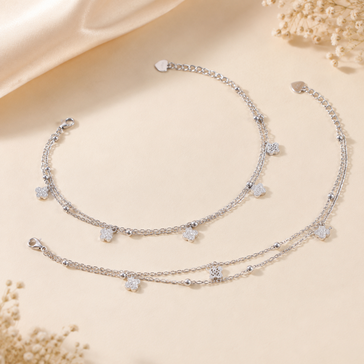 Floral Clover Silver Anklets