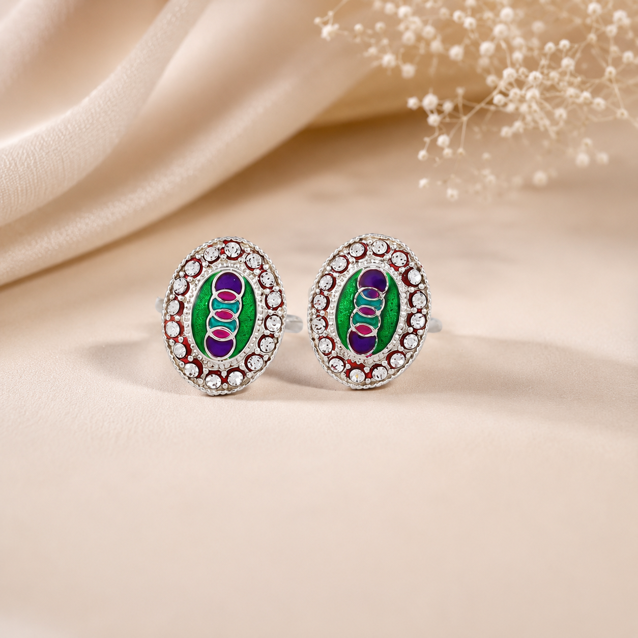Green & Purple Enamel Oval Silver Toe Rings