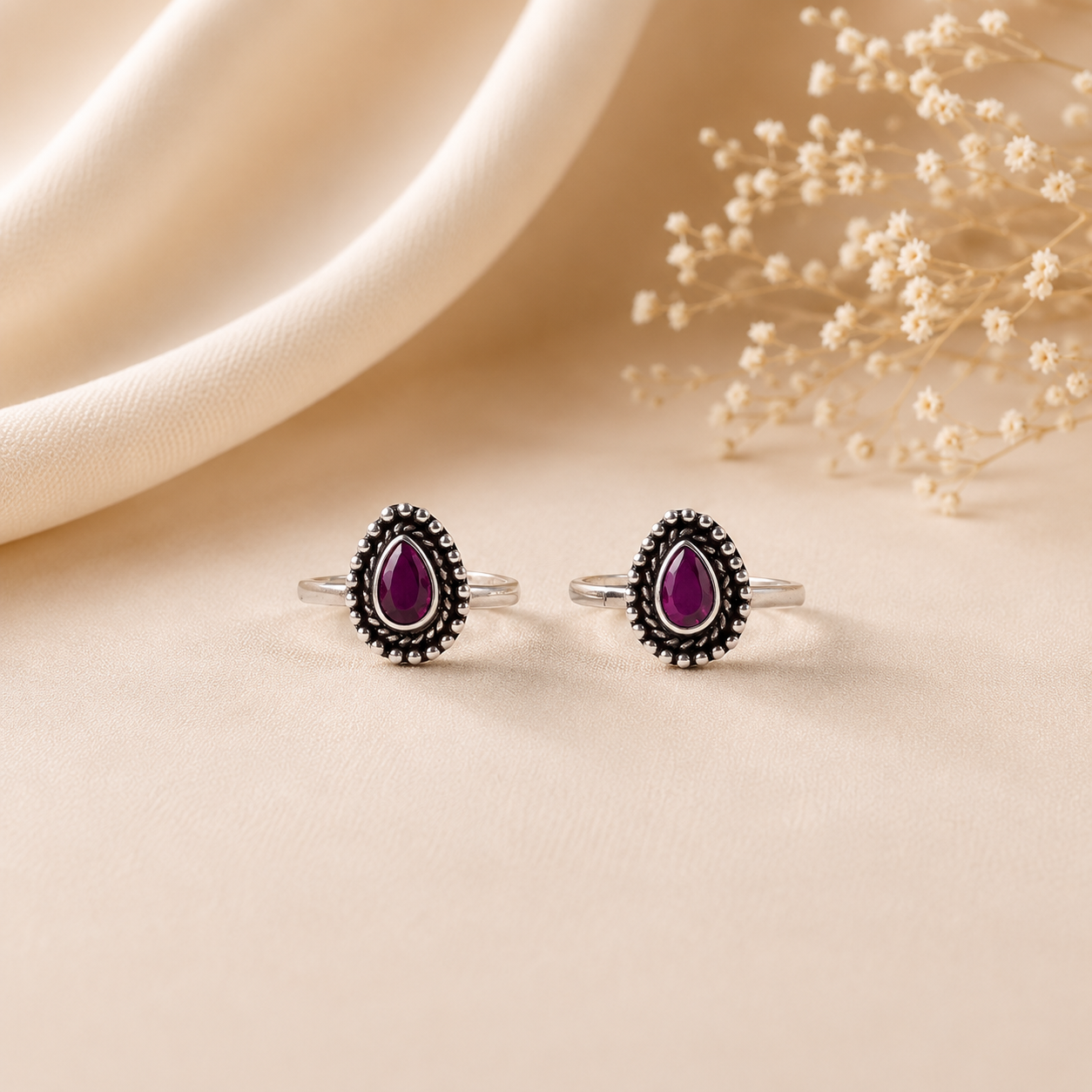 Purple Teardrop Stone Silver Toe Rings