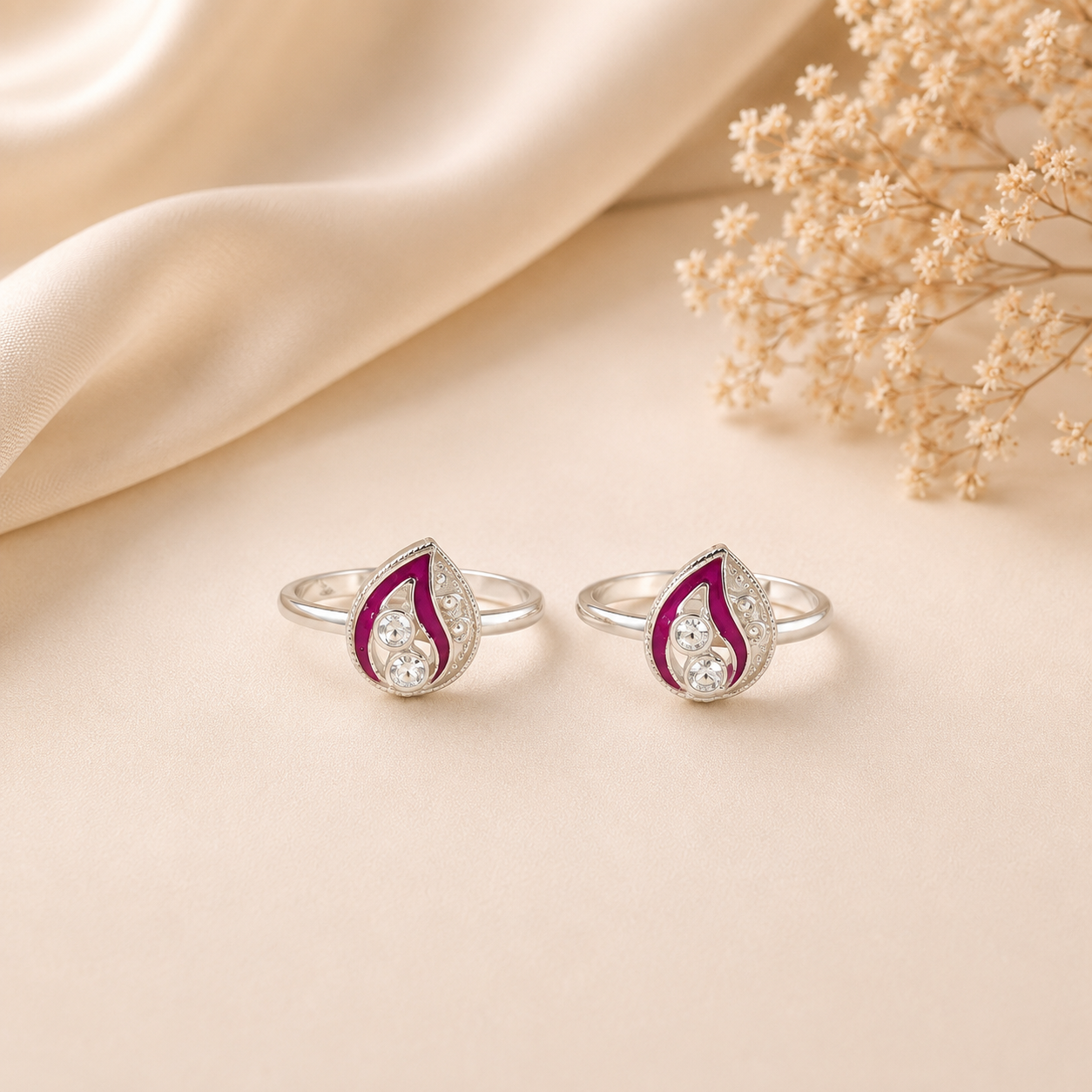 Pink Enamel CZ Silver Toe Rings