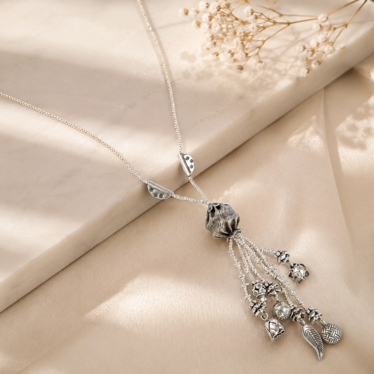 Shivani Silver Necklace With Leaf Motifs