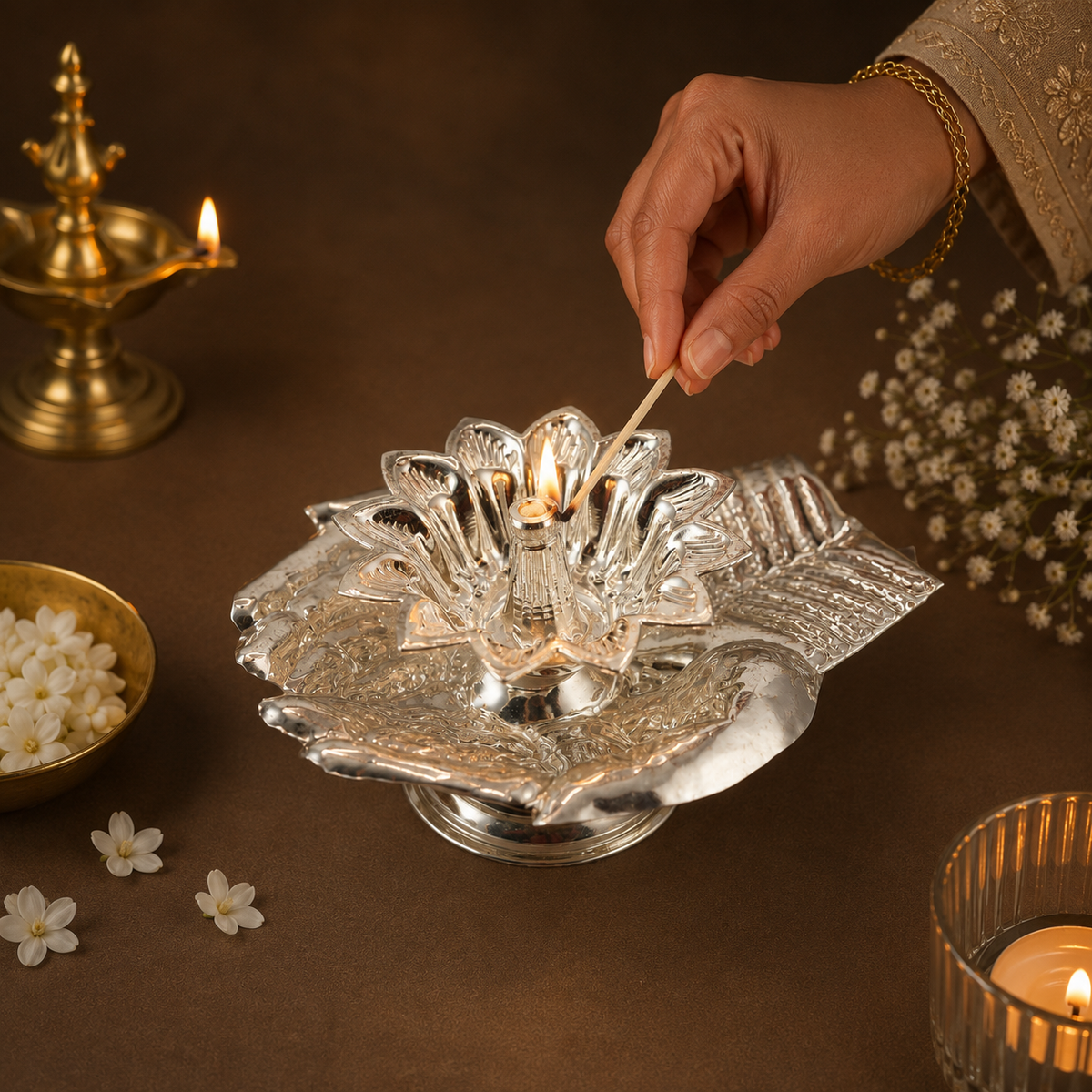 Divine Lotus Silver Diya