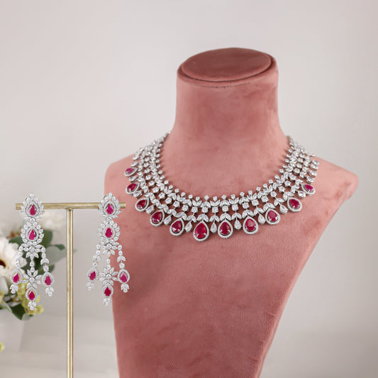 Glorious Red and White Silver Necklace Set with Swarovski Zirconia
