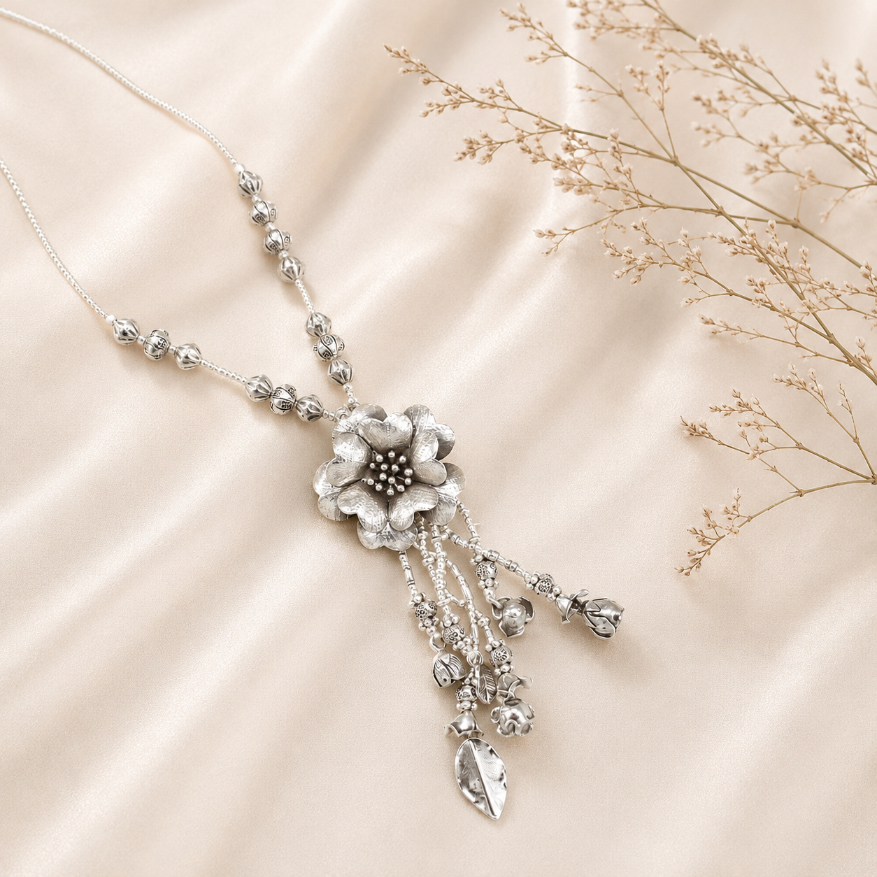 Vanya Floral Charm Ethnic Grace Silver Necklace
