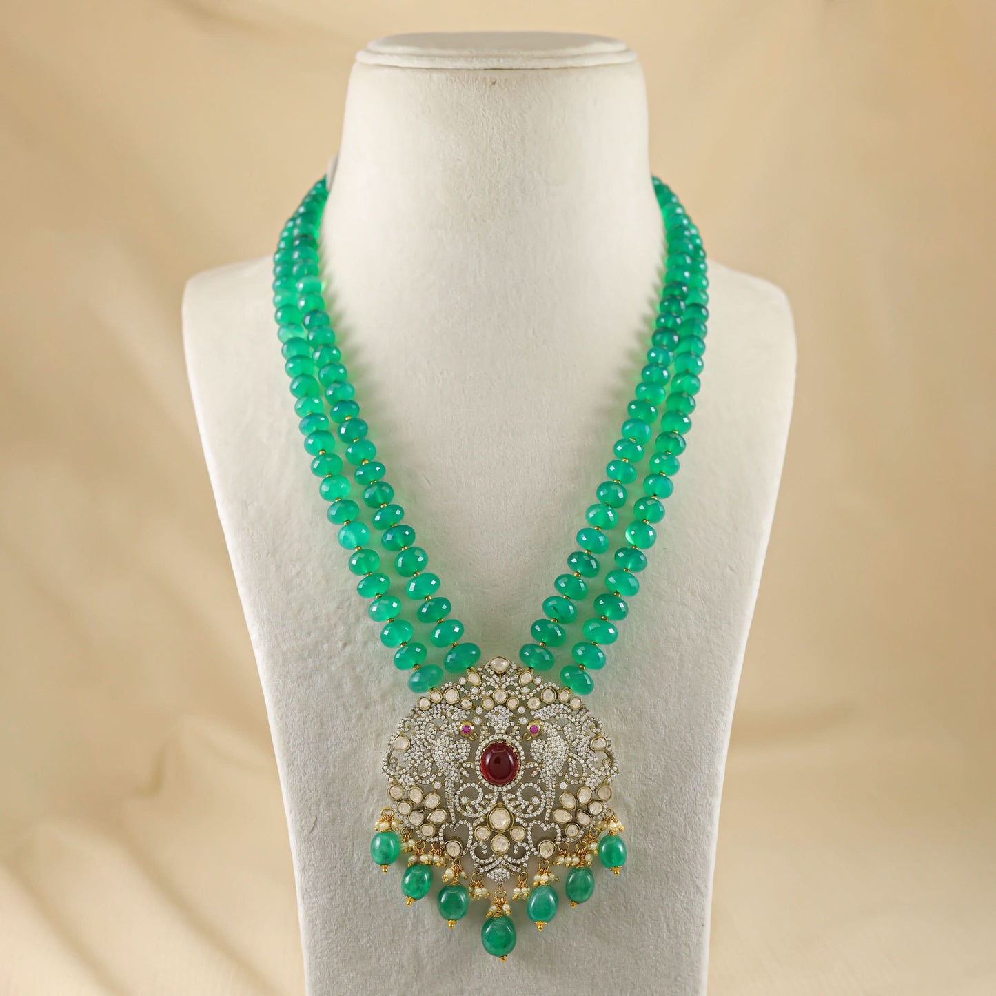 Rajwada Green Beads Silver Necklace