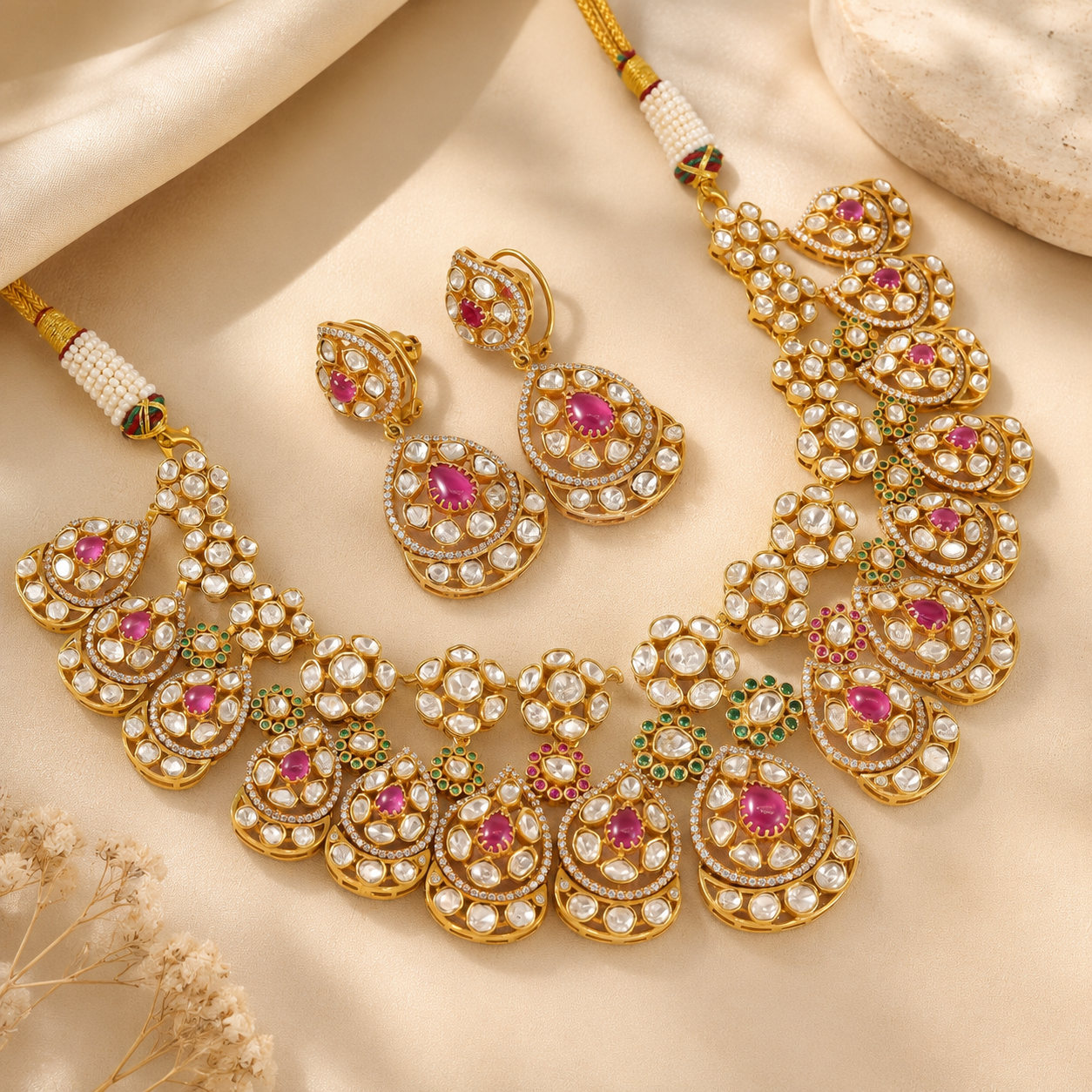 Floral White Kundan Pink Stone Silver Necklace Set