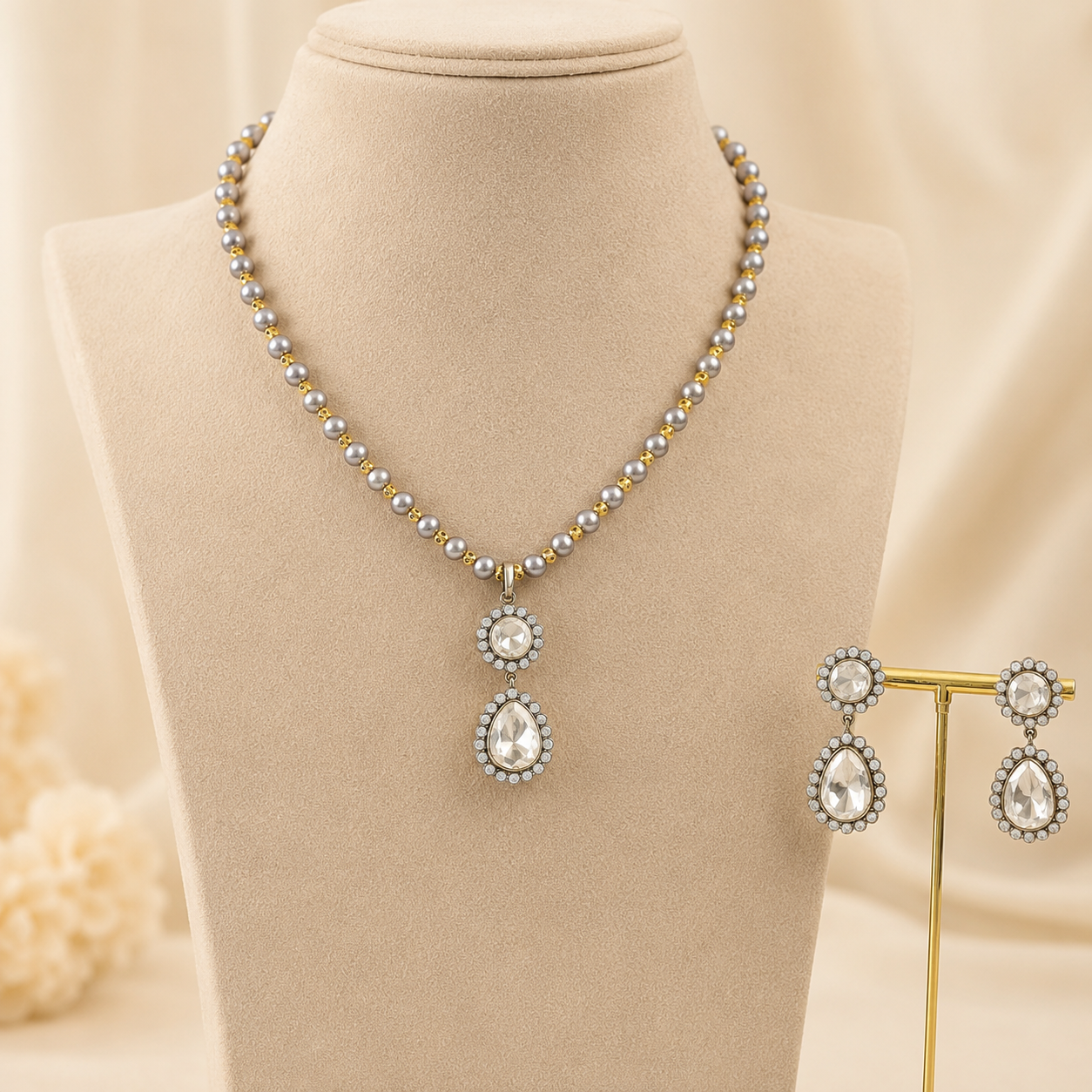 Lavanya White Stone Silver Necklace Set