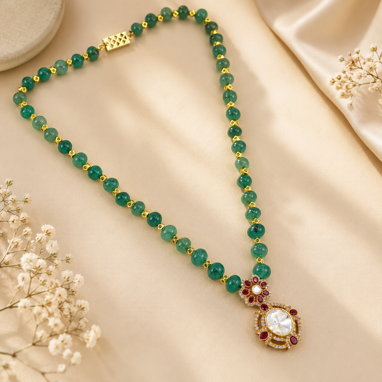 Urvika Green Beads Silver Necklace