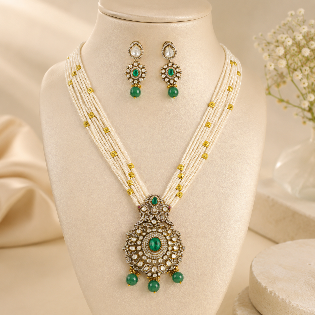 Ira Kundan Studded Beaded Silver Necklace Set