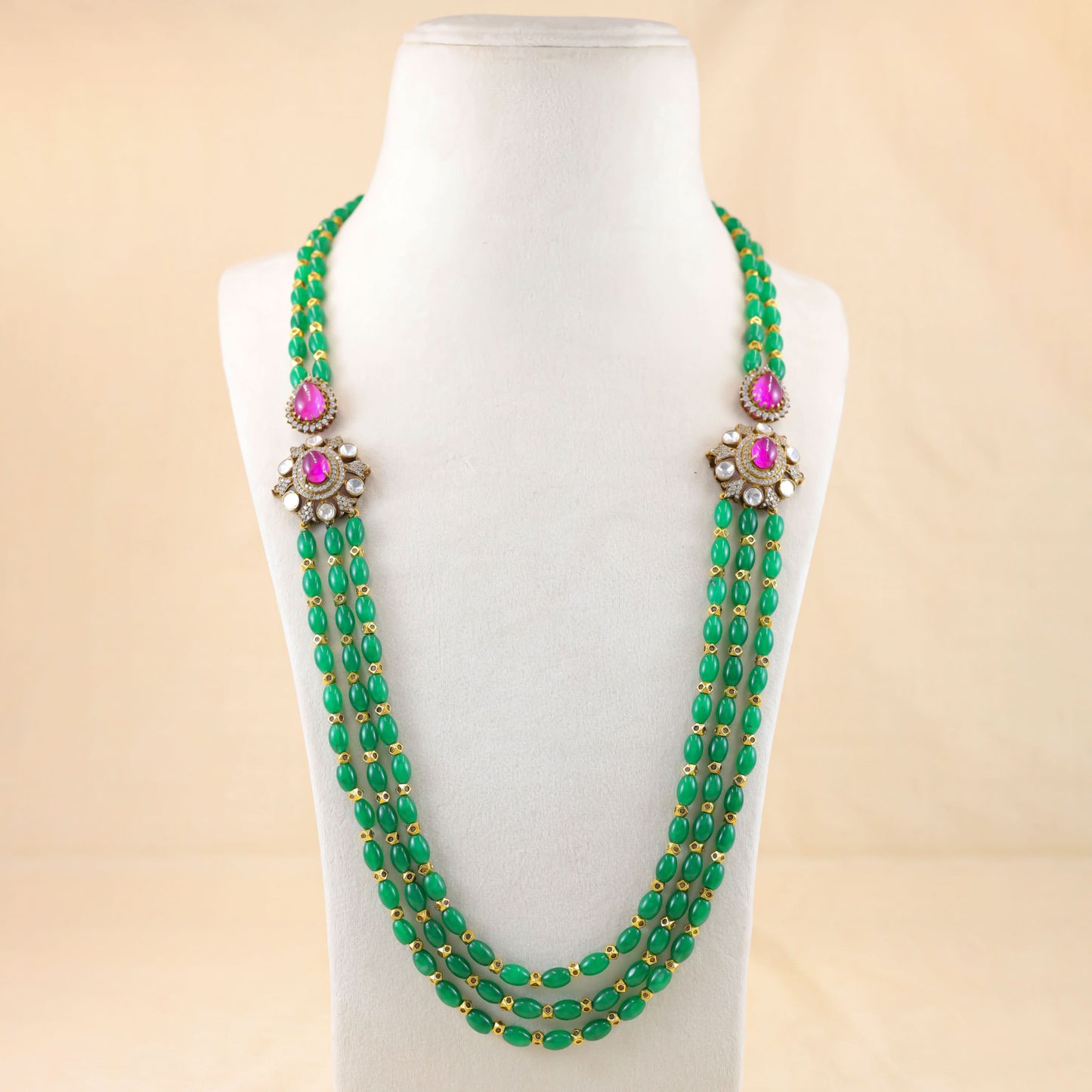 Sneha Green Emerald Long Silver Necklace