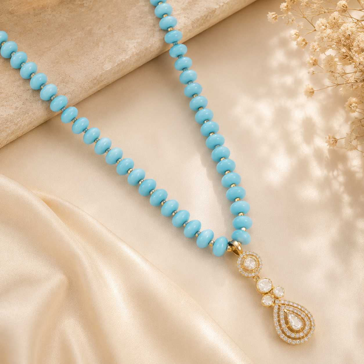 Aahana Turquoise White Stones Silver Necklace