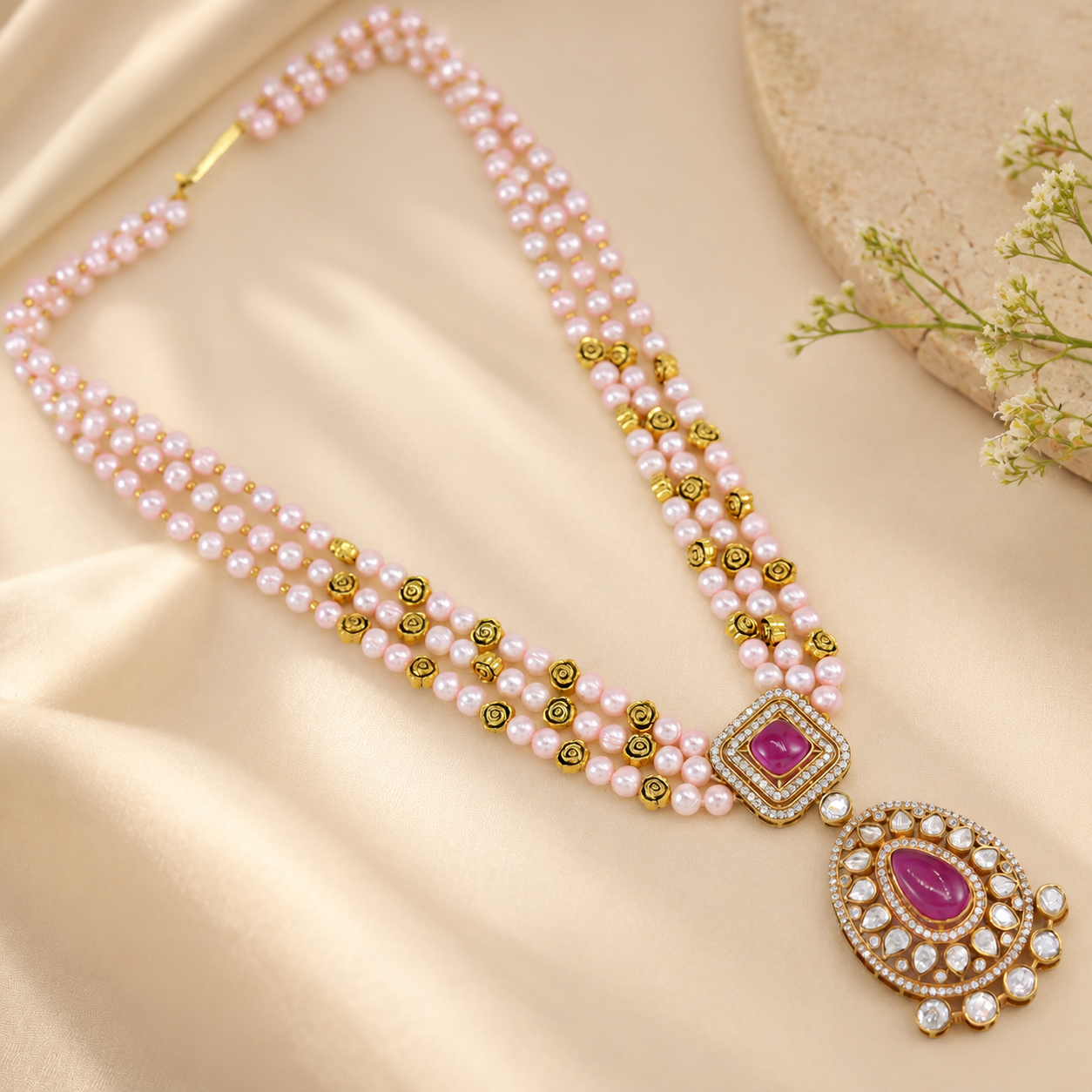 Vaishali Double Strand Pearl Beaded Silver Necklace
