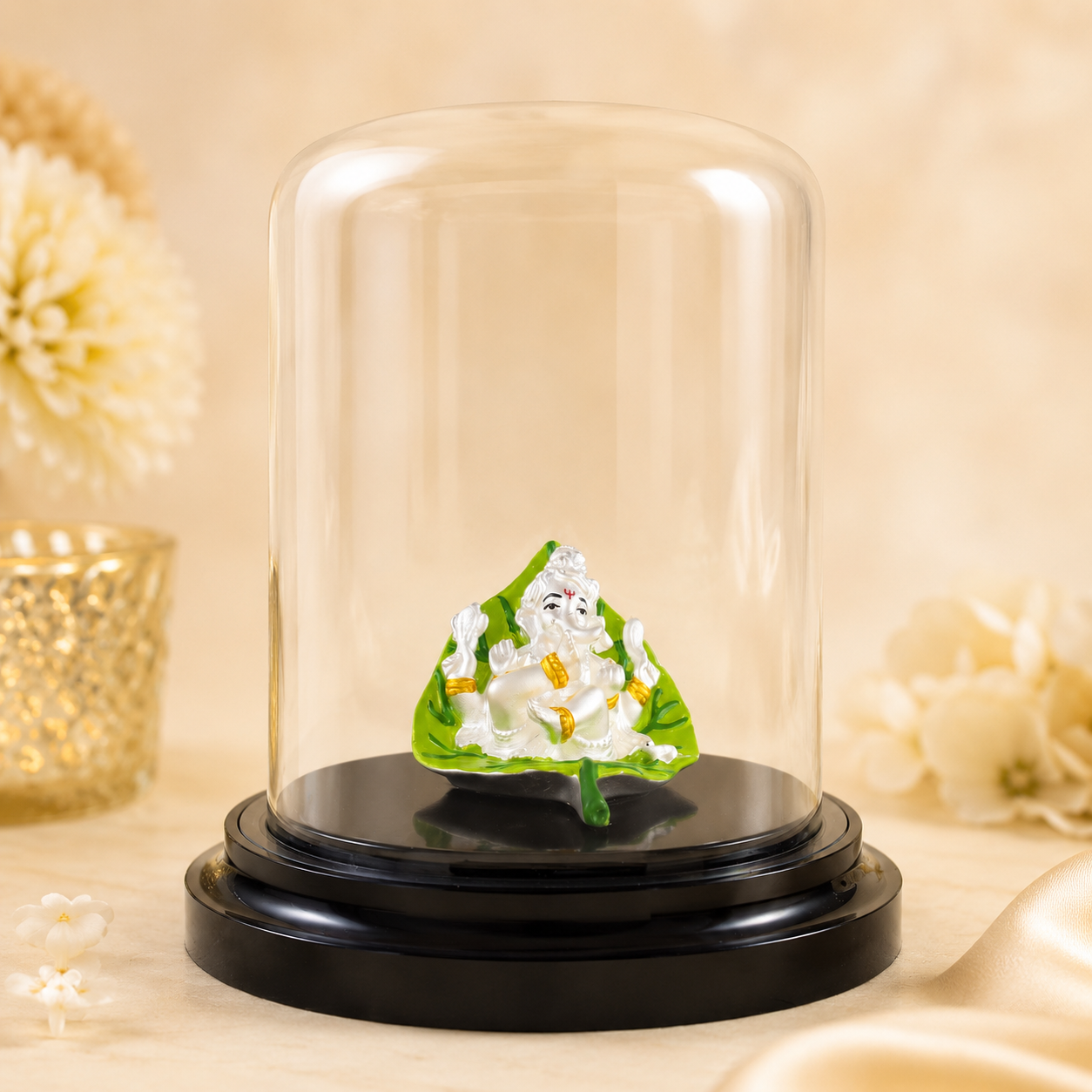 Leaf Base Ganesha Silver Idol