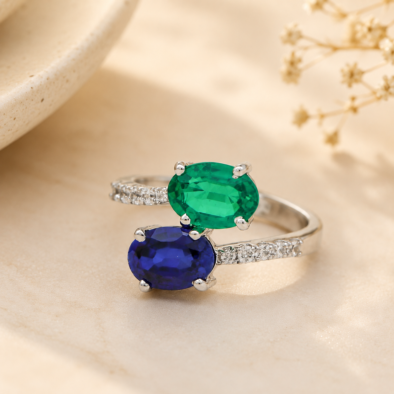 Diya Oval Cut Blue And Green Stone Ring