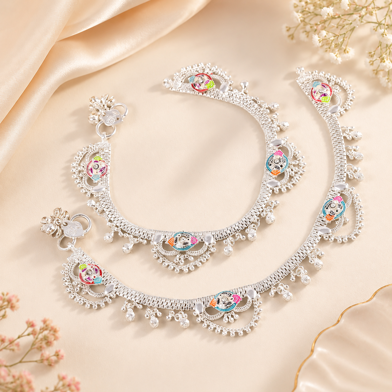 Ishani Rangoli Charm Silver Anklets
