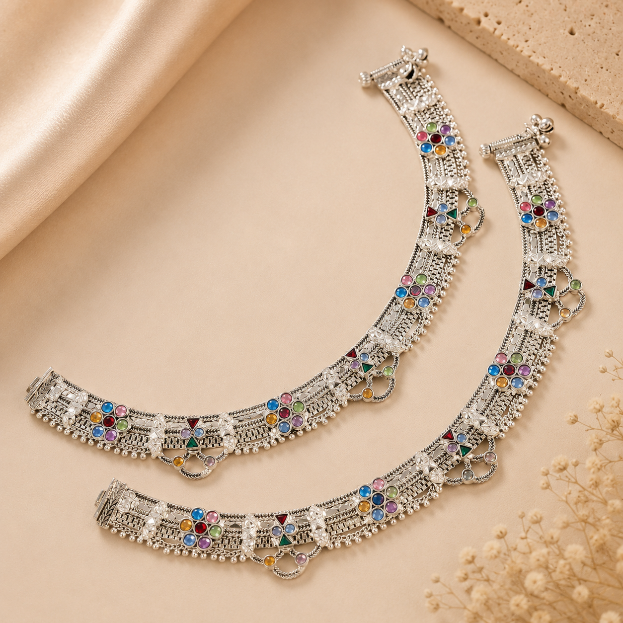 Ruhani Color Bloom Silver Anklets
