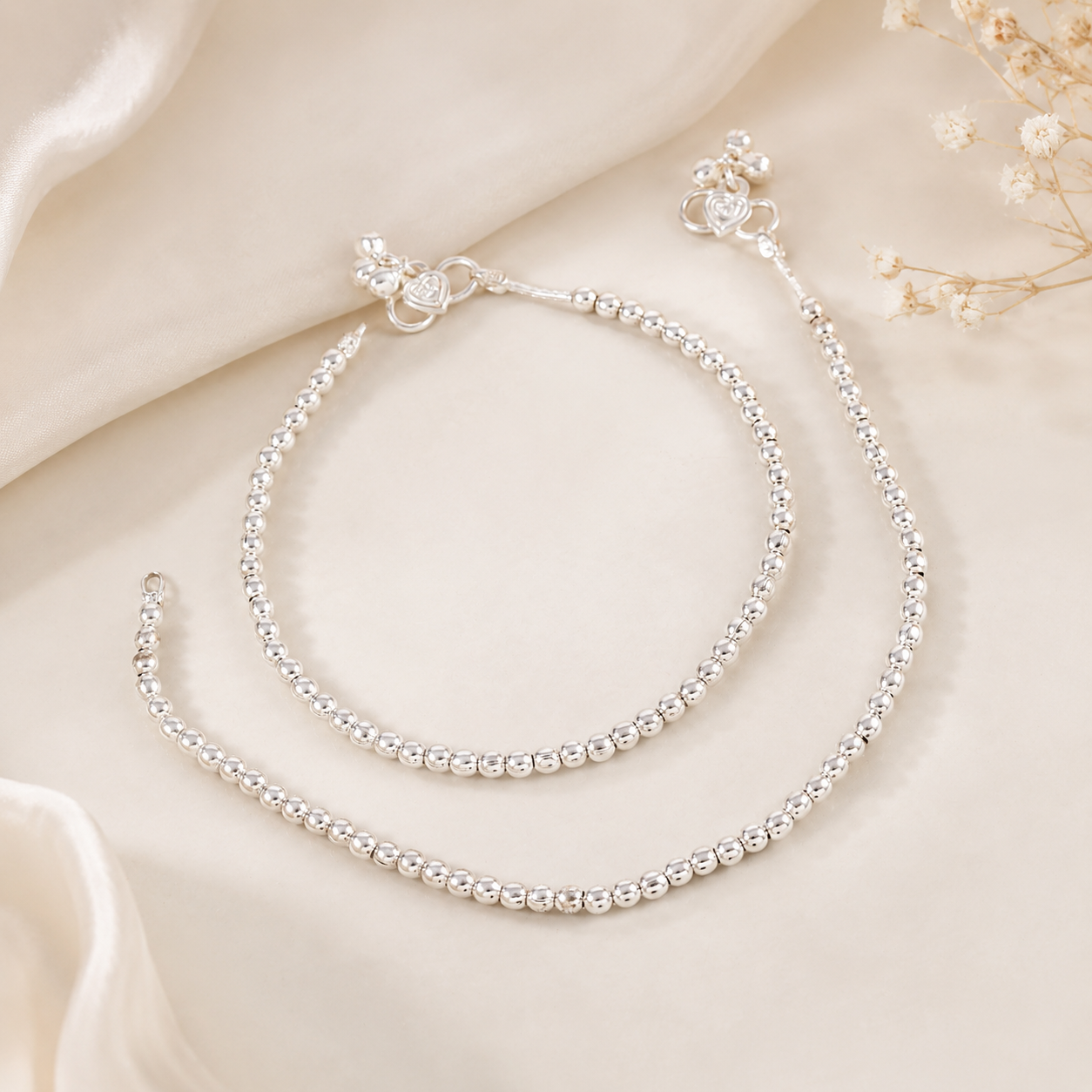 Graceful Beaded Silver Anklet