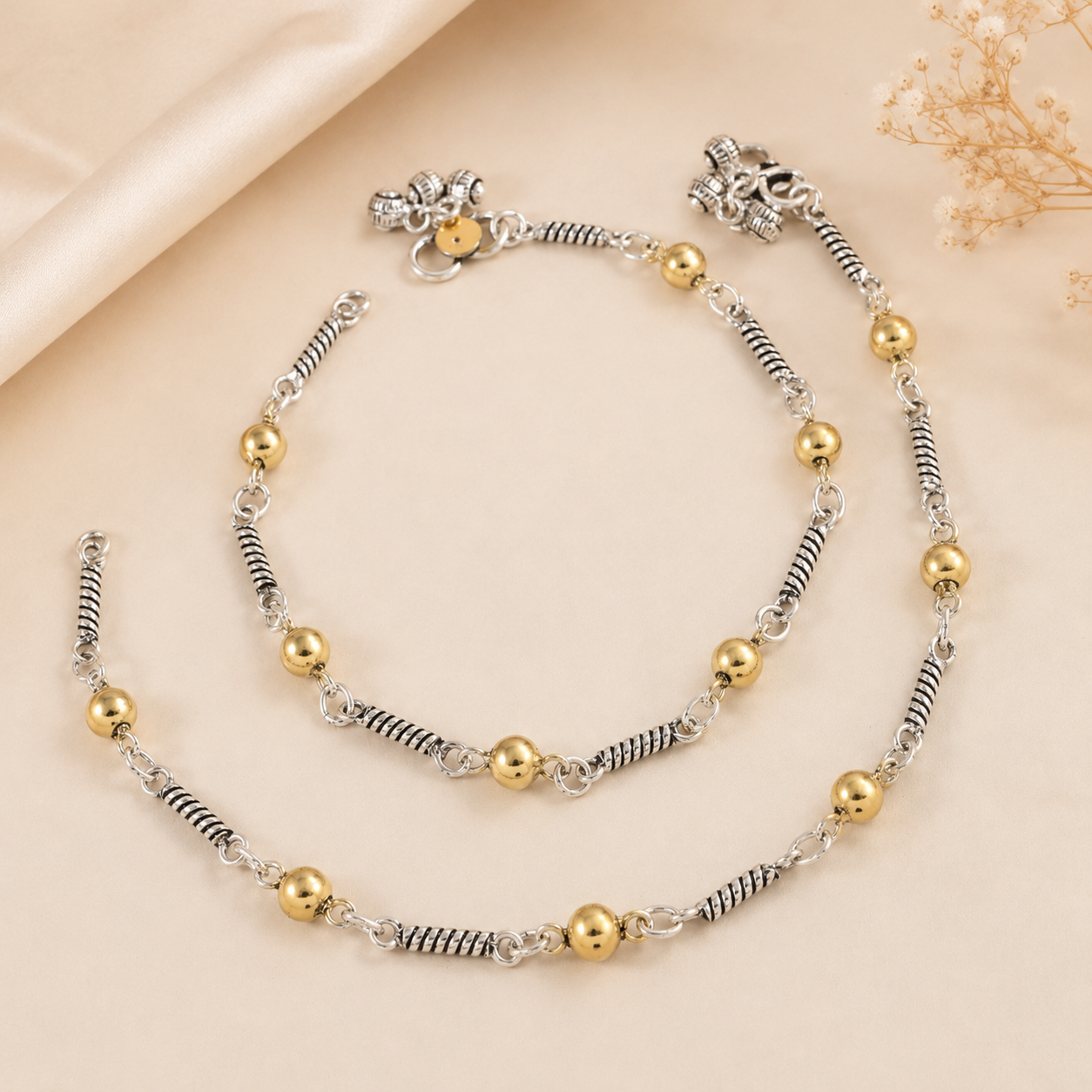 Zara Luxe Bead Silver Anklets