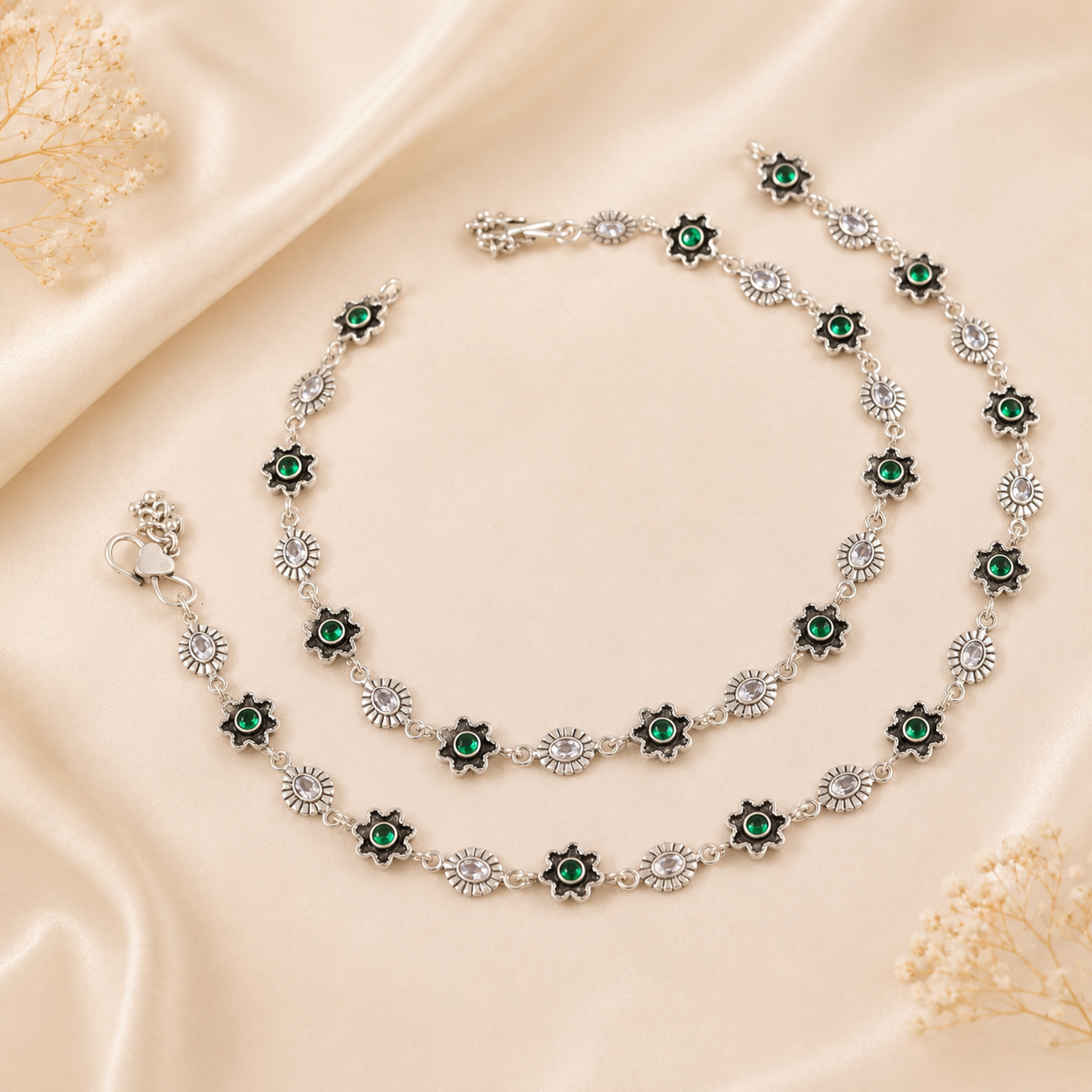 Kavya Green Blossom Silver Anklets