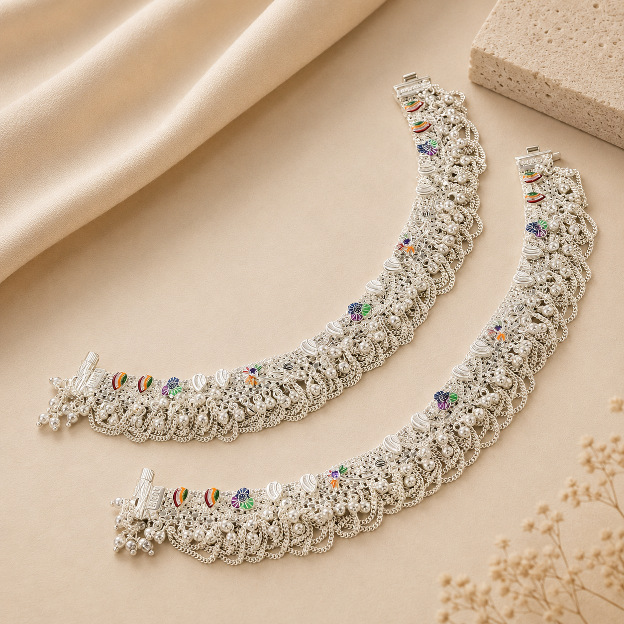 Regal Peacock Silver Anklets