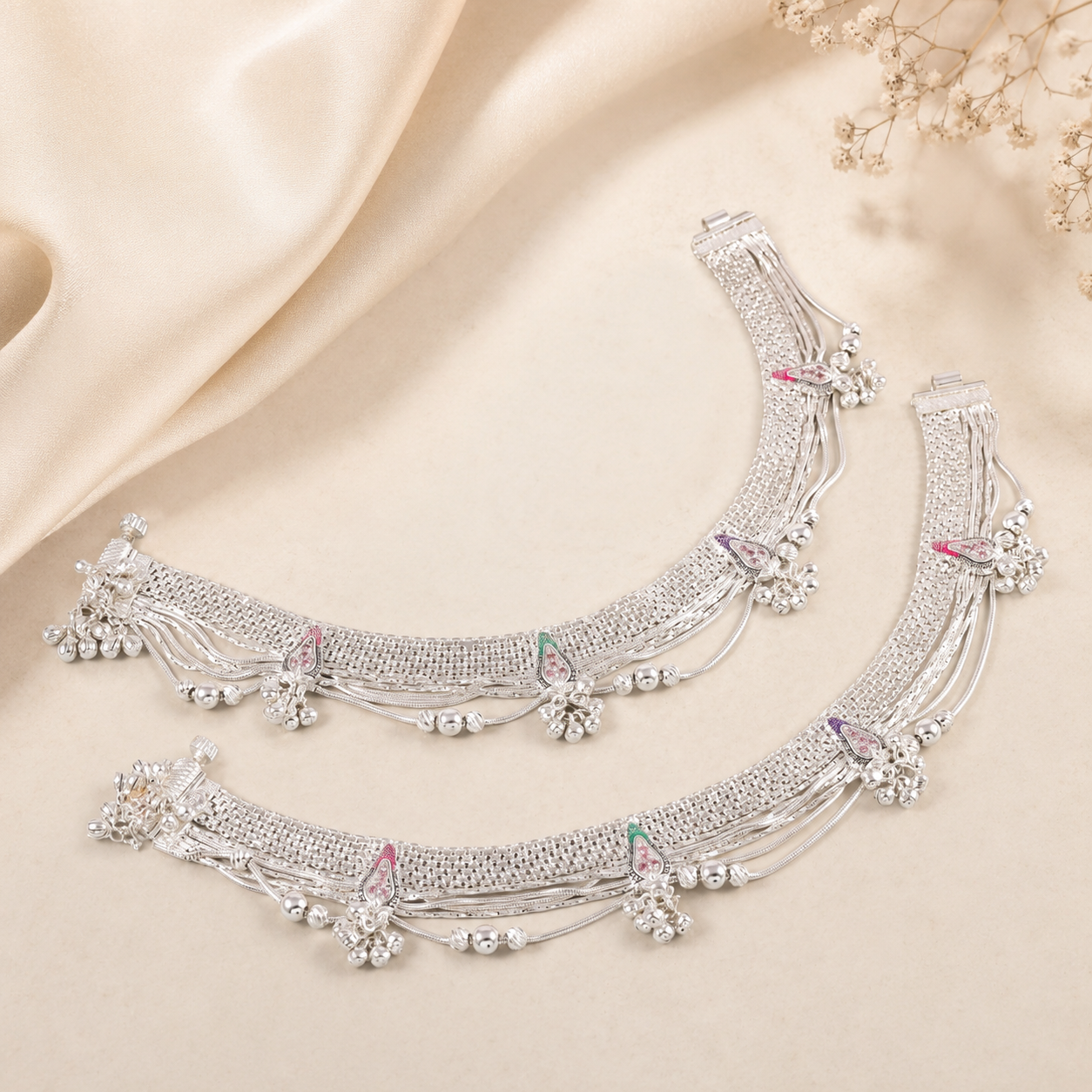 Kashvi Bloom Silver Anklets