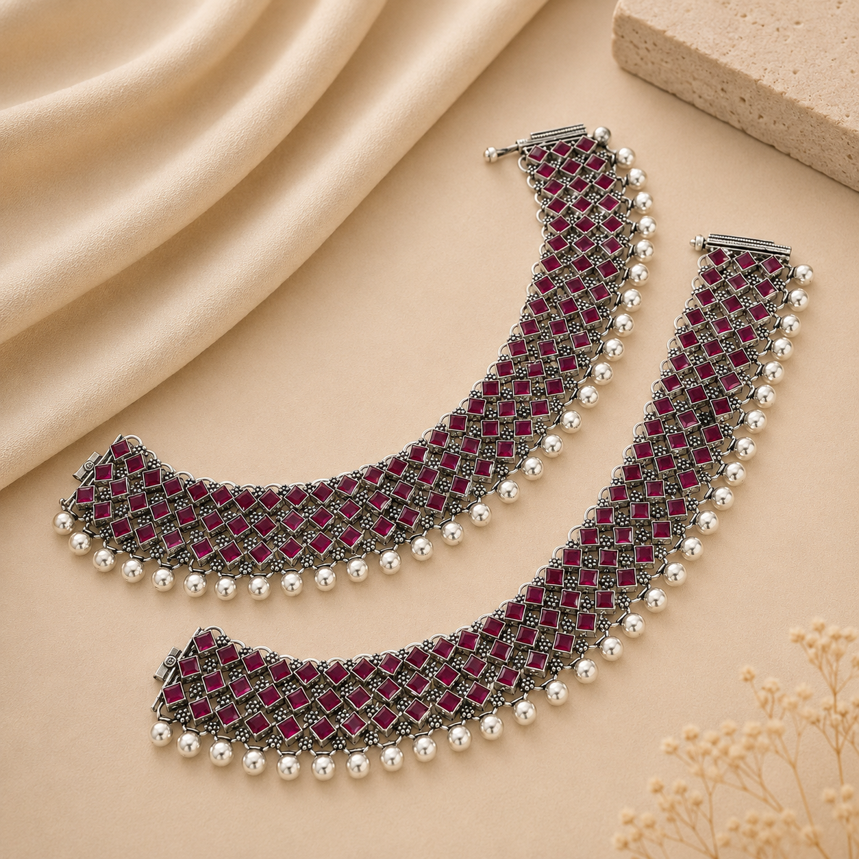 Aarohi Ruby Blossom Silver Anklets