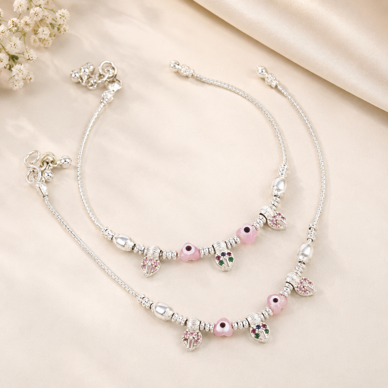 Pink Evil Eye Silver Anklets