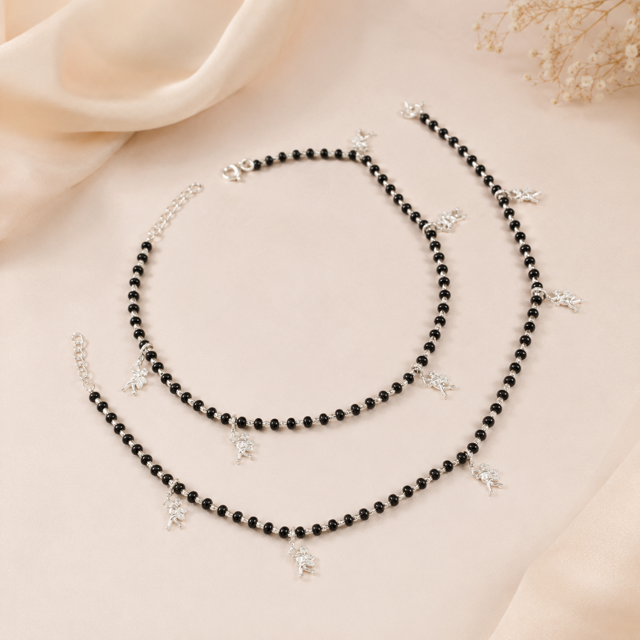 Lavanya Black Grace Silver Anklets