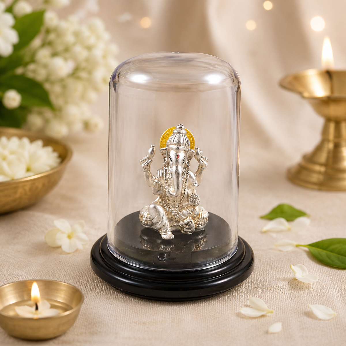Mangalmurti Silver Ganesh Idol in Glass Dome