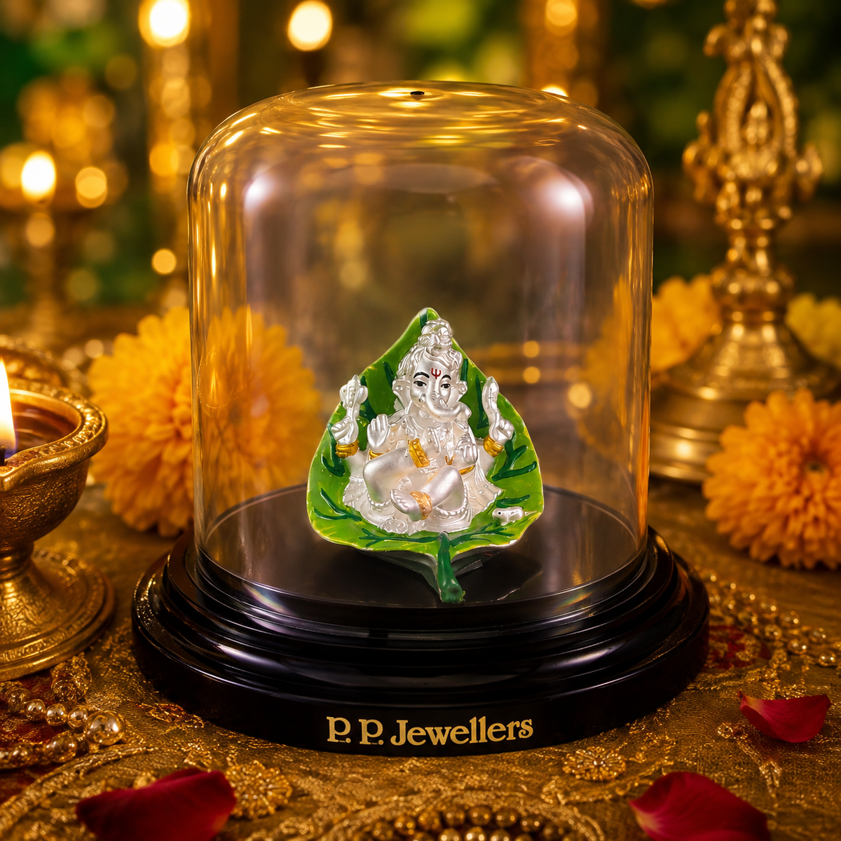 Peepal Vriksha Silver Ganesh Idol in Glass Dome