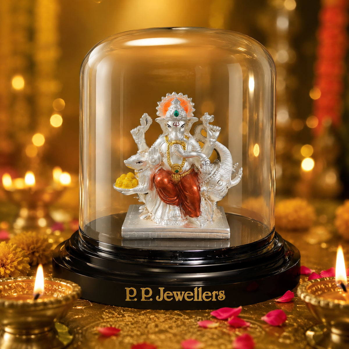 Vighnaharta Silver Ganesh Idol with Cow in Glass Dome
