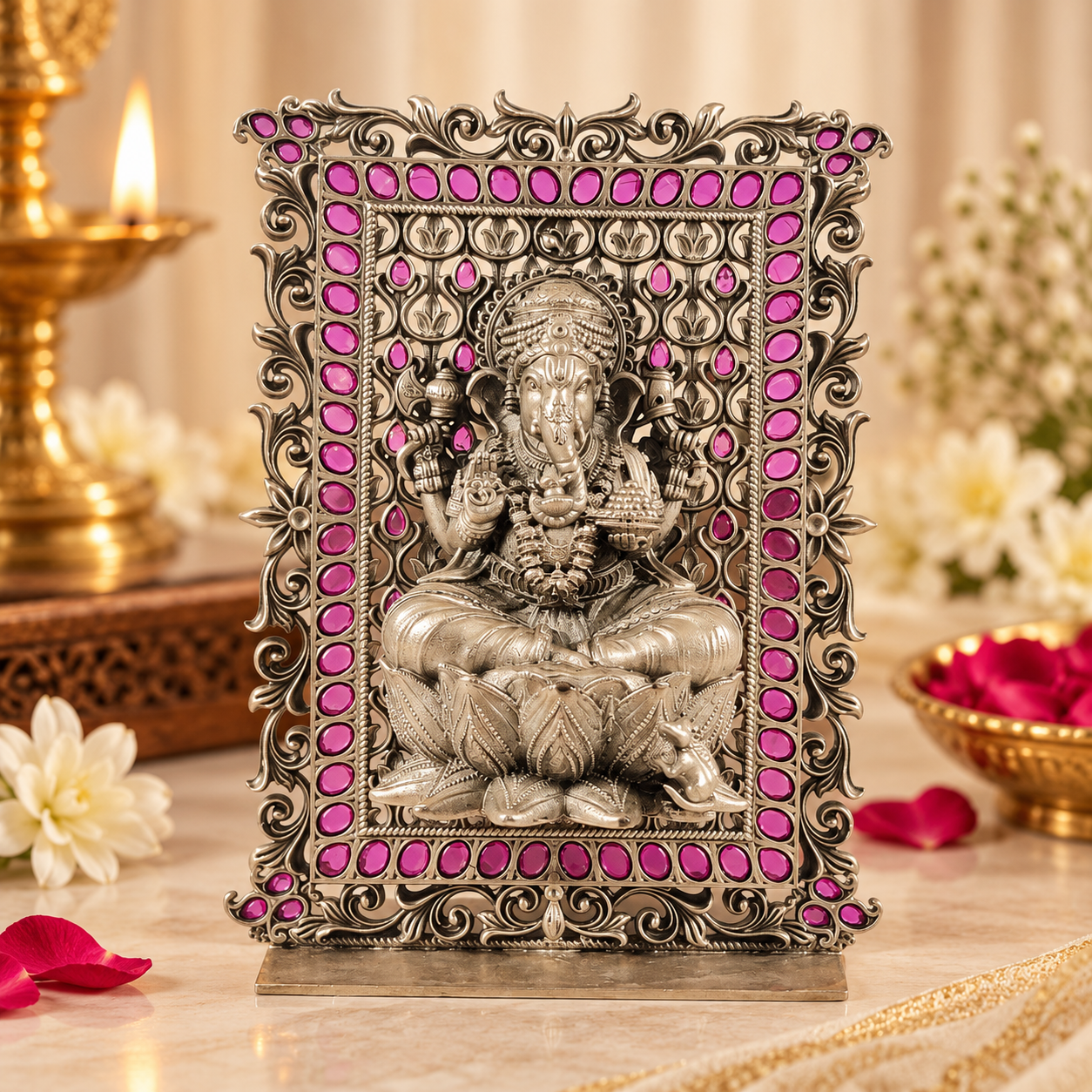 Ruby Aura Ganesh Silver Idol