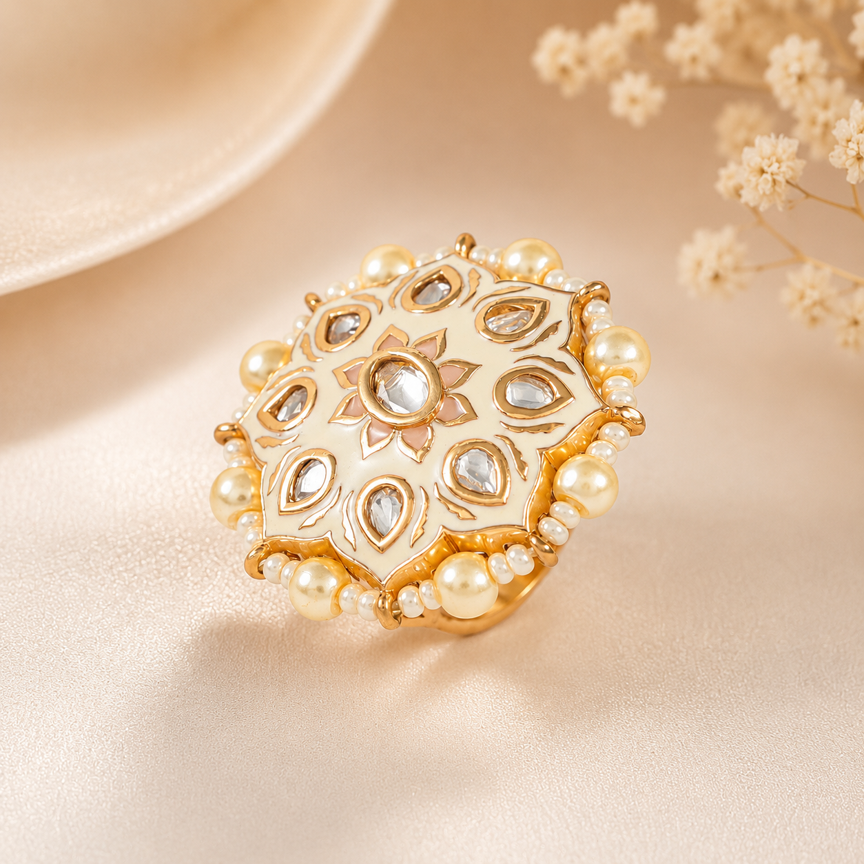 Kiyara Kundan Pearl Bloom Silver Ring
