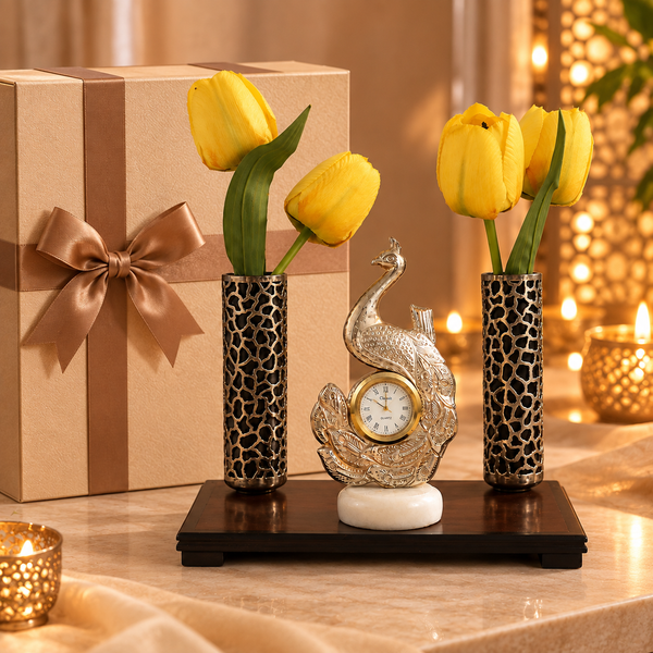 Peacock Glory Silver Table Clock