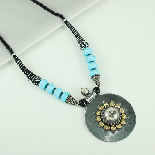 Zoya Blue Beaded Dual Tone Silver Necklace
