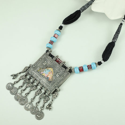 Gracia Red-Blue Thread Silver Necklace With Hand Painted Deity Motif