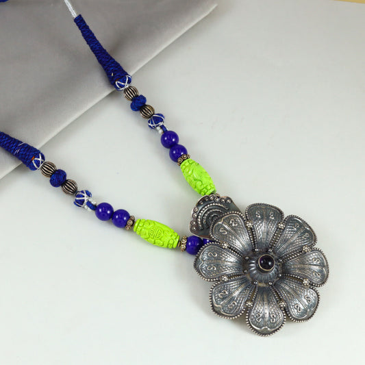 Aashita Green-Blue Tribal Silver Necklace With Floral Design