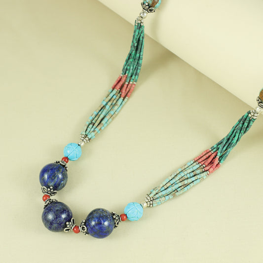 Multicolor Beaded Tribal Silver Necklace