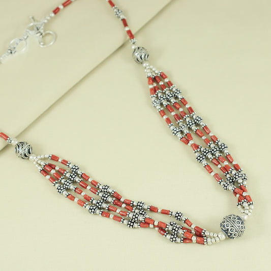 Orange Beaded Tribal Silver Necklace