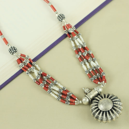 Coral Beaded Tribal Silver Necklace