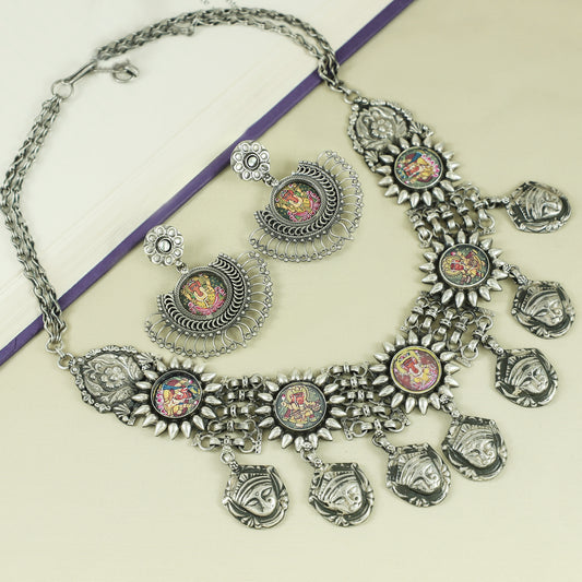 Gloria Hand Painted Silver Necklace Set With Deity Motif