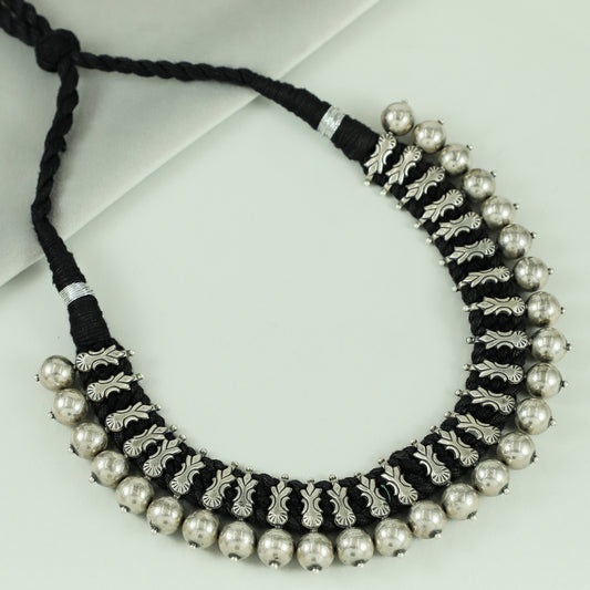 Ruhani Black Thread Tribal Silver Choker Necklace