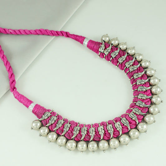 Sara Pink Thread Tribal Silver Choker Necklace