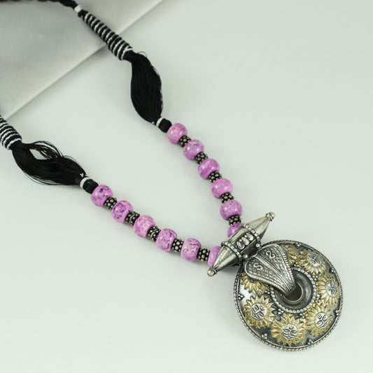Allura Pink Beaded With Dual Silver Tone Necklace