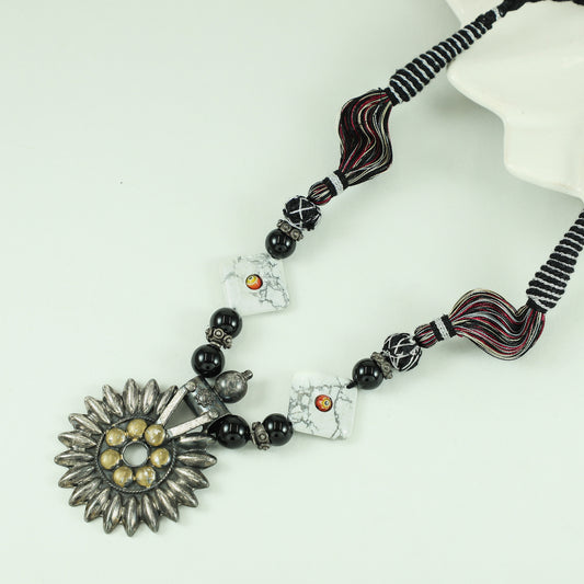Gloriana Black-White Thread Dual Tone Silver Necklace