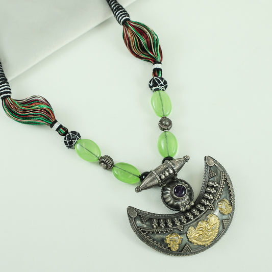Elantra Green Beaded Dual Tone Silver Necklace With Moon Design