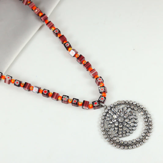Carla Coral Beaded Silver Necklace with Crystal Pendant