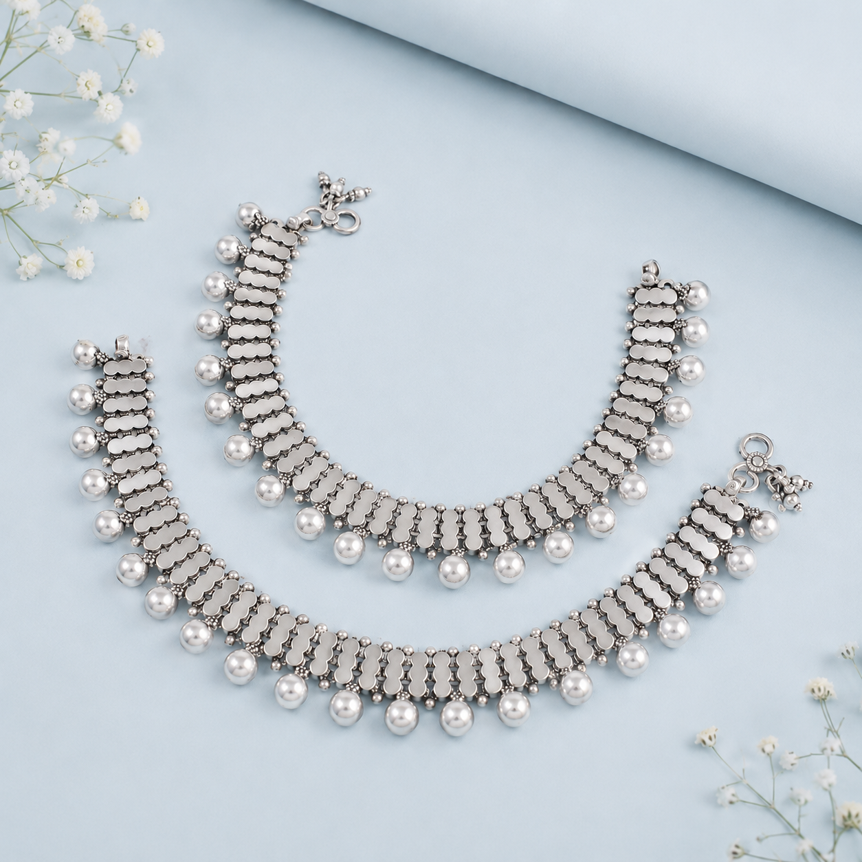 Antique Ball Drop Silver Anklets